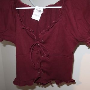 RIbbed Ruffle Lace  Up Top